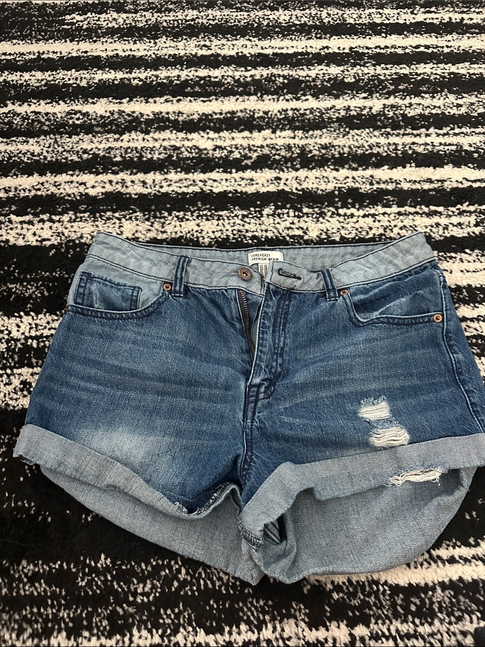 Forever 21 Washed Blue Distressed Roll-Cuff Denim Shorts